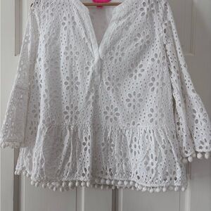 Lilly Pulitzer White Eyelet Blouse with Pom-Pom Trim